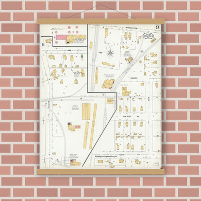 Old map wall art mockup — magnetic wood frame on brick wall — Sanborn Fire Insurance Map from Decatur, Adams County, Indiana (1900), Sheet #0009