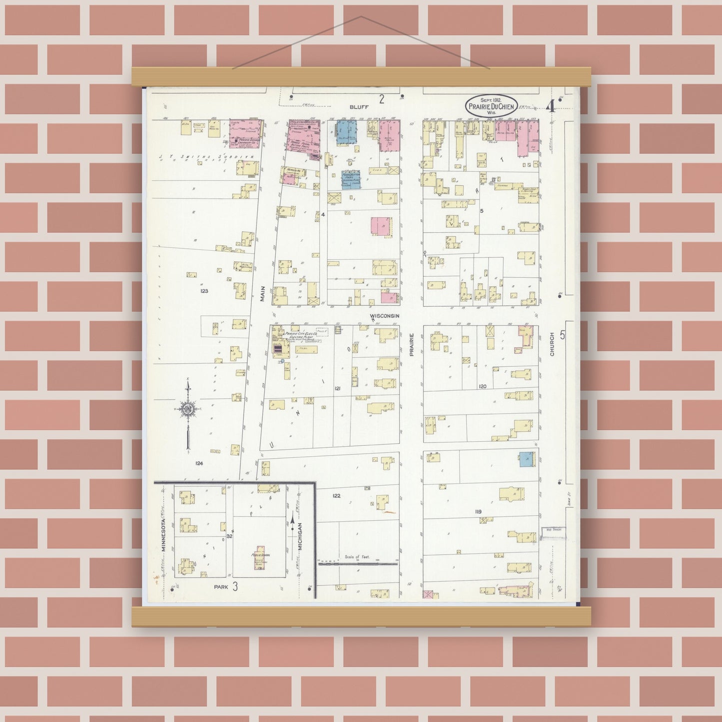 Old map wall art mockup — magnetic wood frame on brick wall — Sanborn Fire Insurance Map from Prairie du Chien, Crawford County, Wisconsin (1912), Sheet #0004