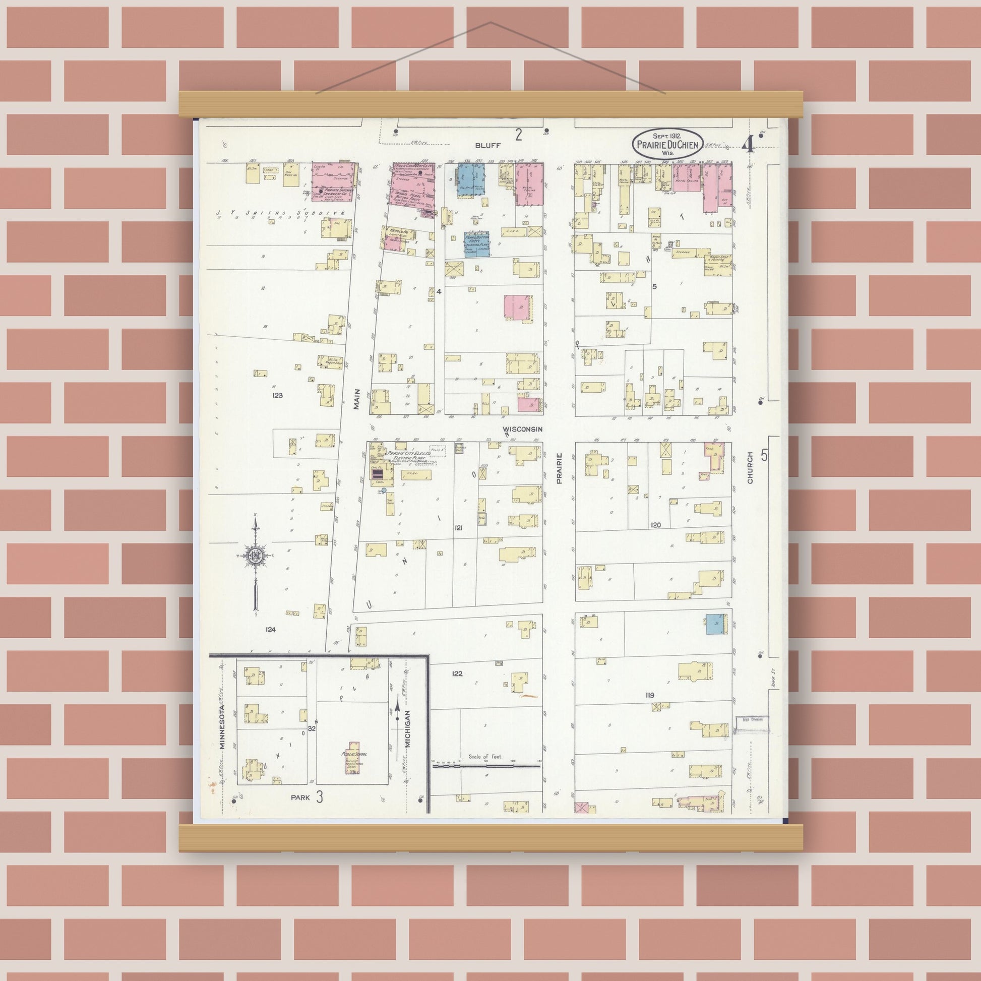 Old map wall art mockup — magnetic wood frame on brick wall — Sanborn Fire Insurance Map from Prairie du Chien, Crawford County, Wisconsin (1912), Sheet #0004