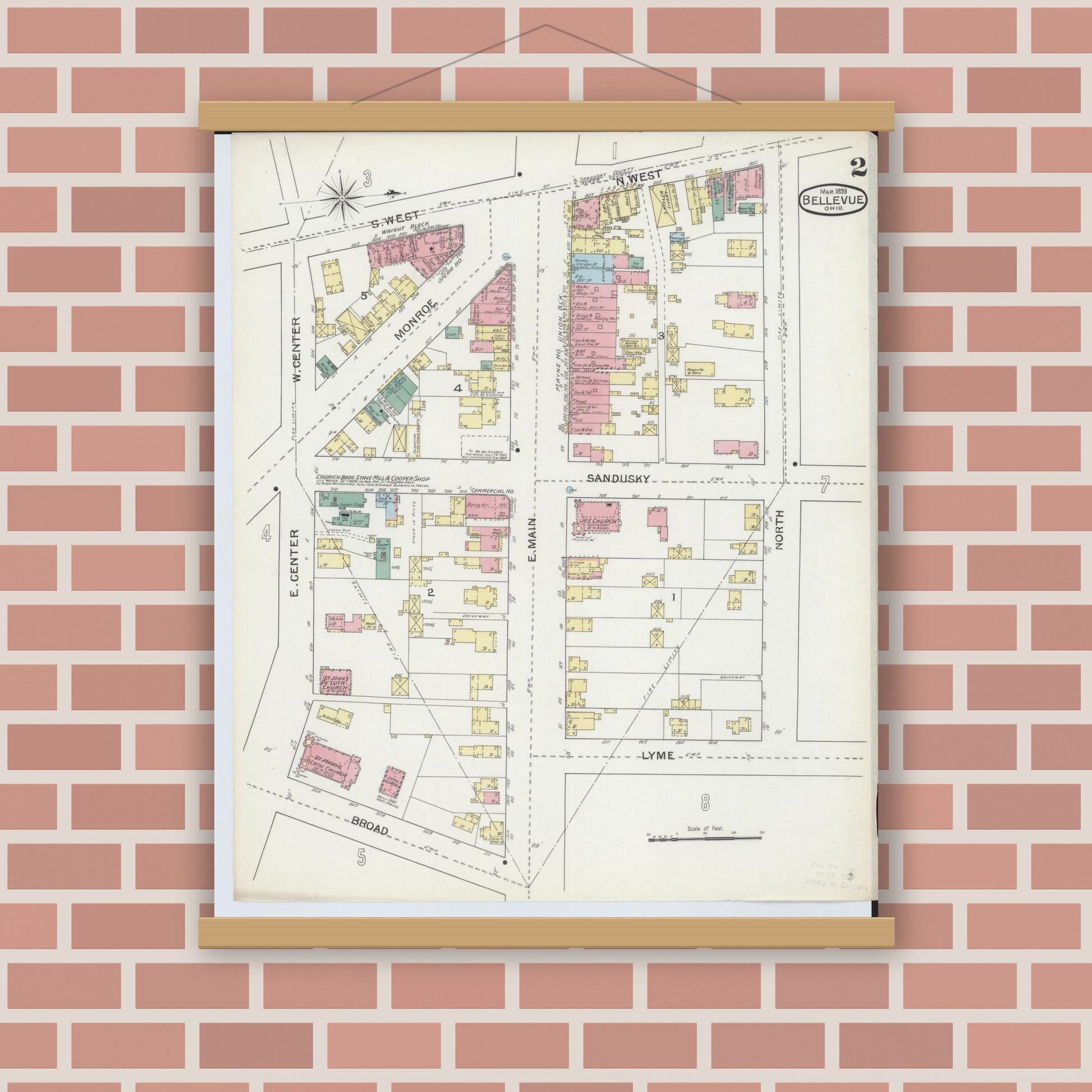 Old map wall art mockup — magnetic wood frame on brick wall — Sanborn Fire Insurance Map from Bellevue, Huron And Sandusky County, Ohio (1893), Sheet #0002