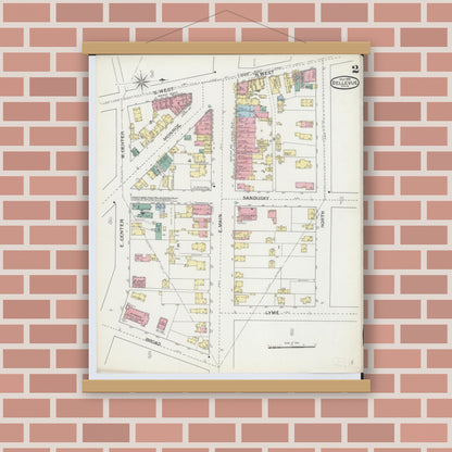 Old map wall art mockup — magnetic wood frame on brick wall — Sanborn Fire Insurance Map from Bellevue, Huron And Sandusky County, Ohio (1893), Sheet #0002