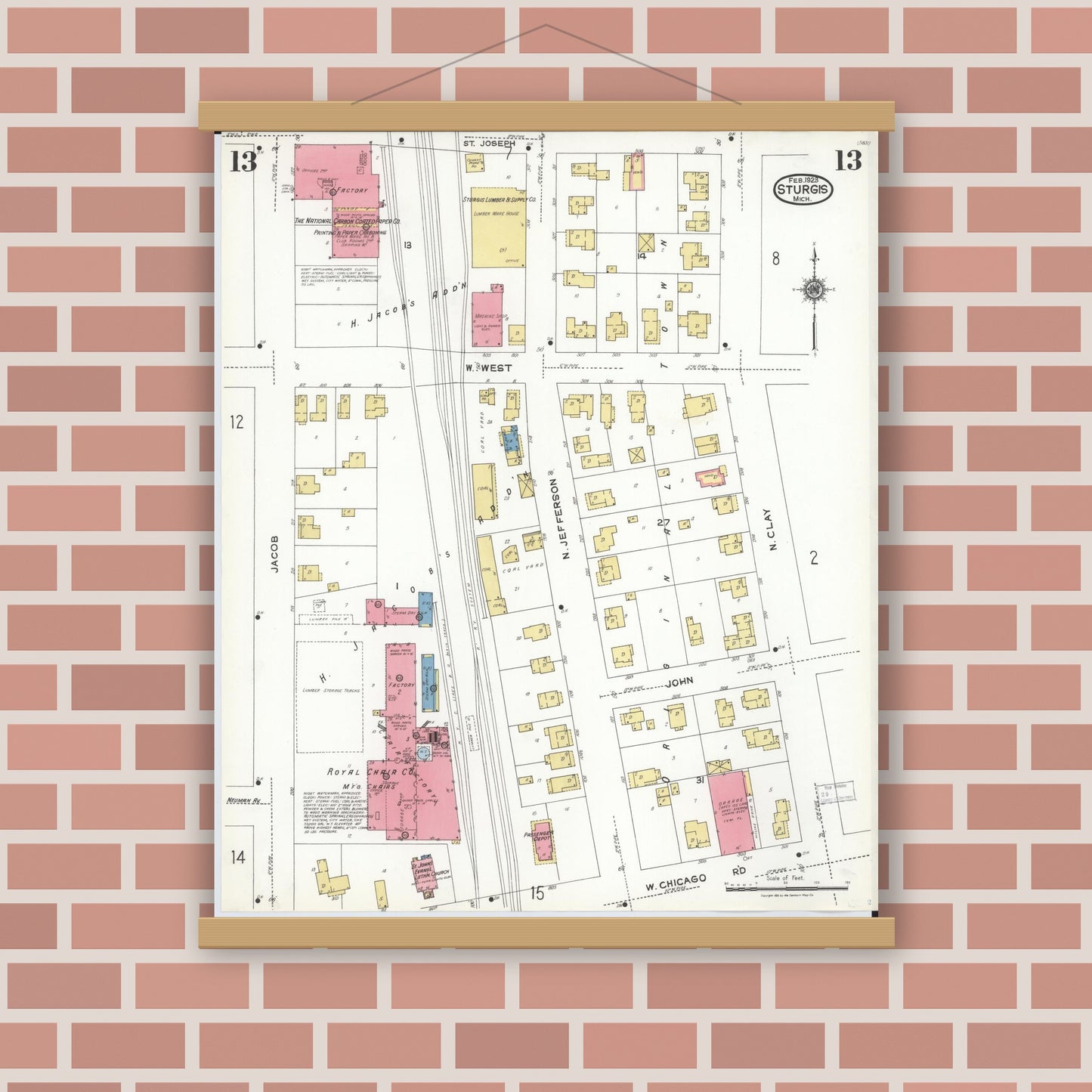 Old map wall art mockup — magnetic wood frame on brick wall — Sanborn Fire Insurance Map from Sturgis, Saint Joseph County, Michigan (1923), Sheet #0013
