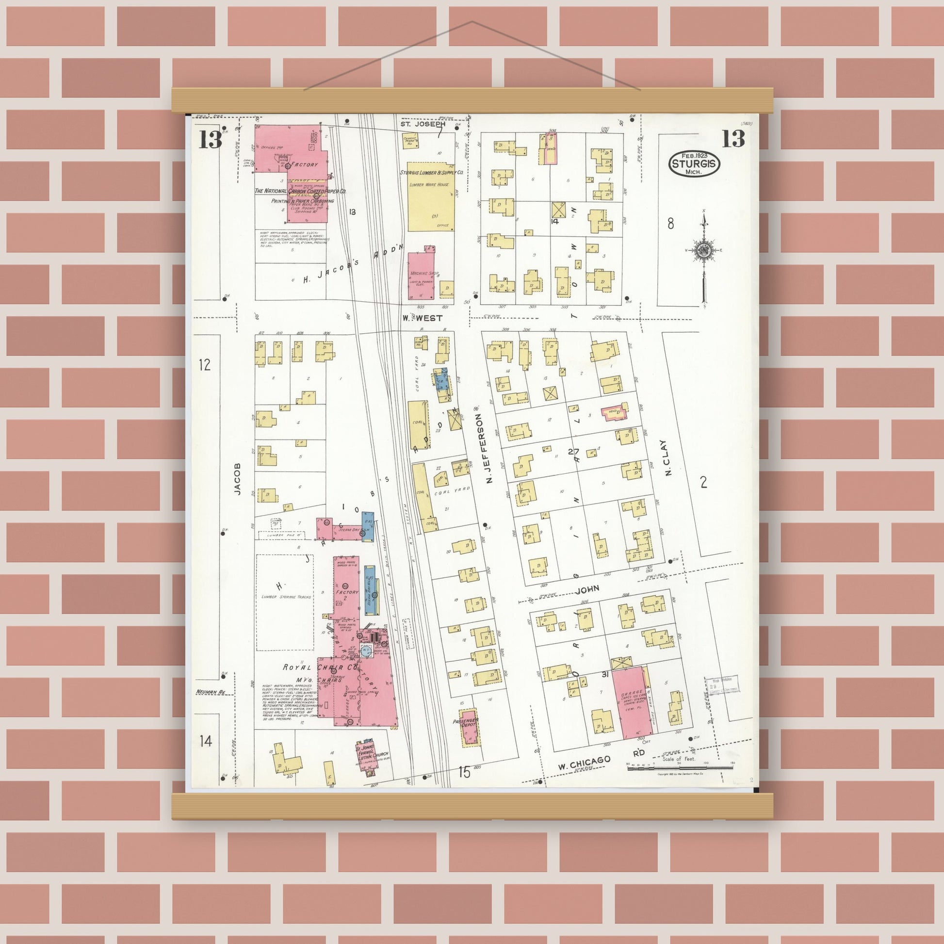 Old map wall art mockup — magnetic wood frame on brick wall — Sanborn Fire Insurance Map from Sturgis, Saint Joseph County, Michigan (1923), Sheet #0013