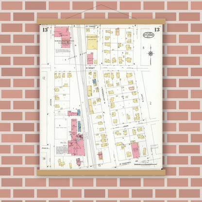 Old map wall art mockup — magnetic wood frame on brick wall — Sanborn Fire Insurance Map from Sturgis, Saint Joseph County, Michigan (1923), Sheet #0013