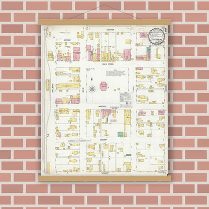 Old map wall art mockup — magnetic wood frame on brick wall — Sanborn Fire Insurance Map from Scottsburg, Scott County, Indiana (1899), Sheet #0001