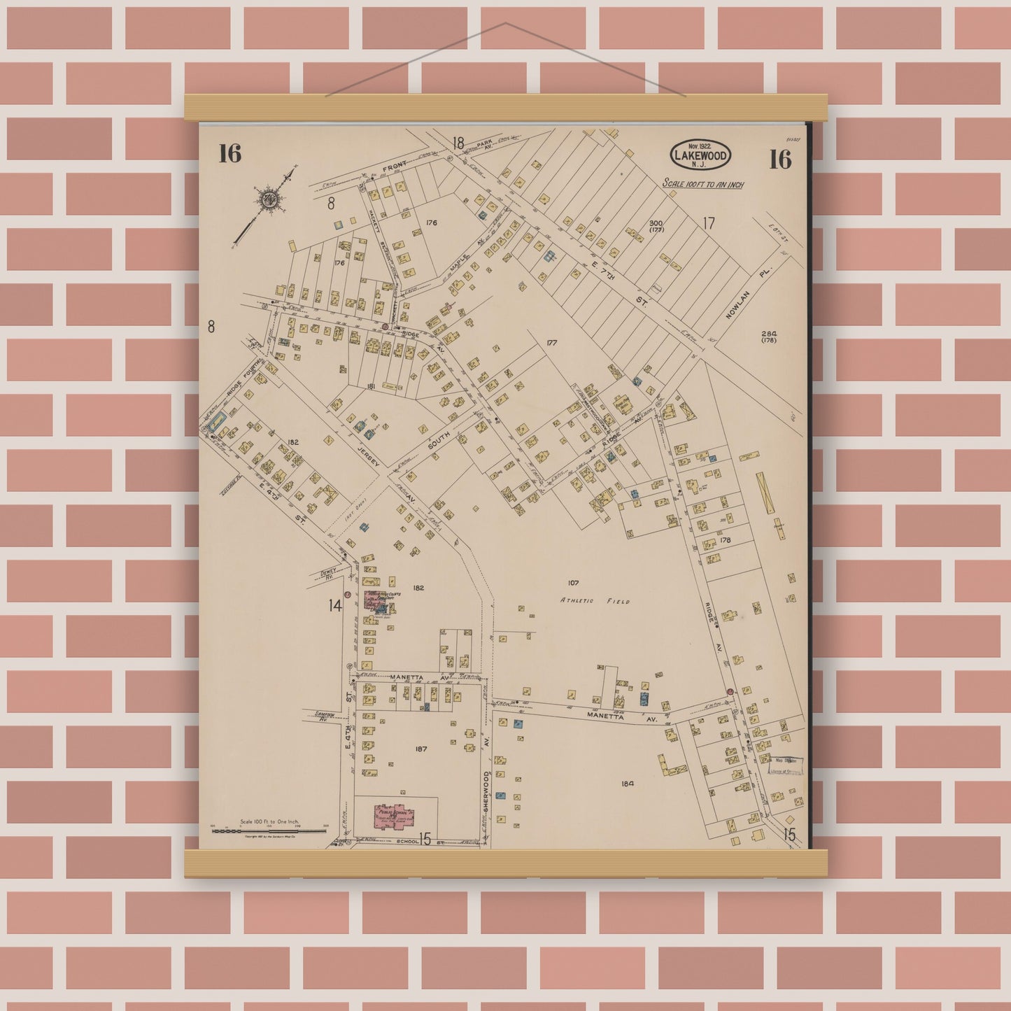 Old map wall art mockup — magnetic wood frame on brick wall — Sanborn Fire Insurance Map from Lakewood, Ocean County, New Jersey (1922), Sheet #0016