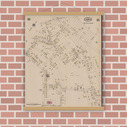 Old map wall art mockup — magnetic wood frame on brick wall — Sanborn Fire Insurance Map from Lakewood, Ocean County, New Jersey (1922), Sheet #0016