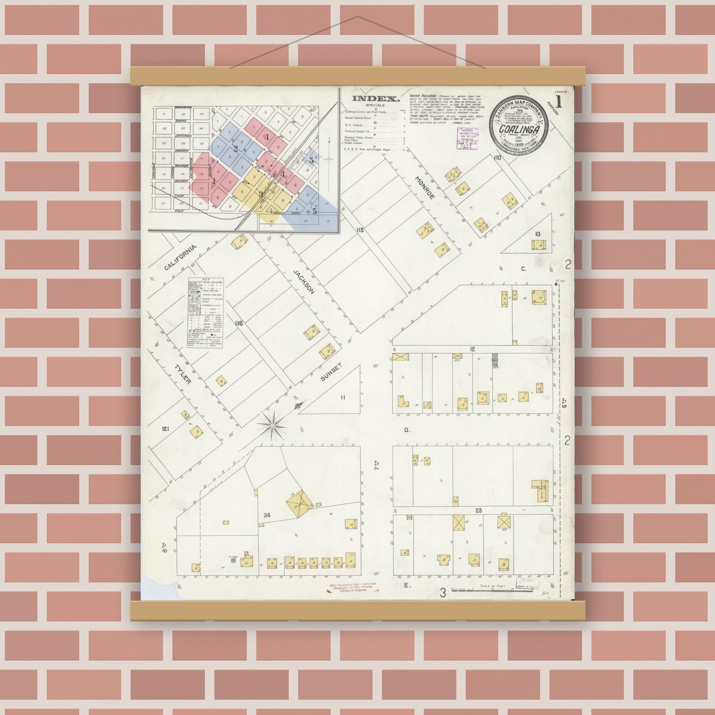 Old map wall art mockup — magnetic wood frame on brick wall — Sanborn Fire Insurance Map from Coalinga, Fresno County, California (1905), Sheet #0001