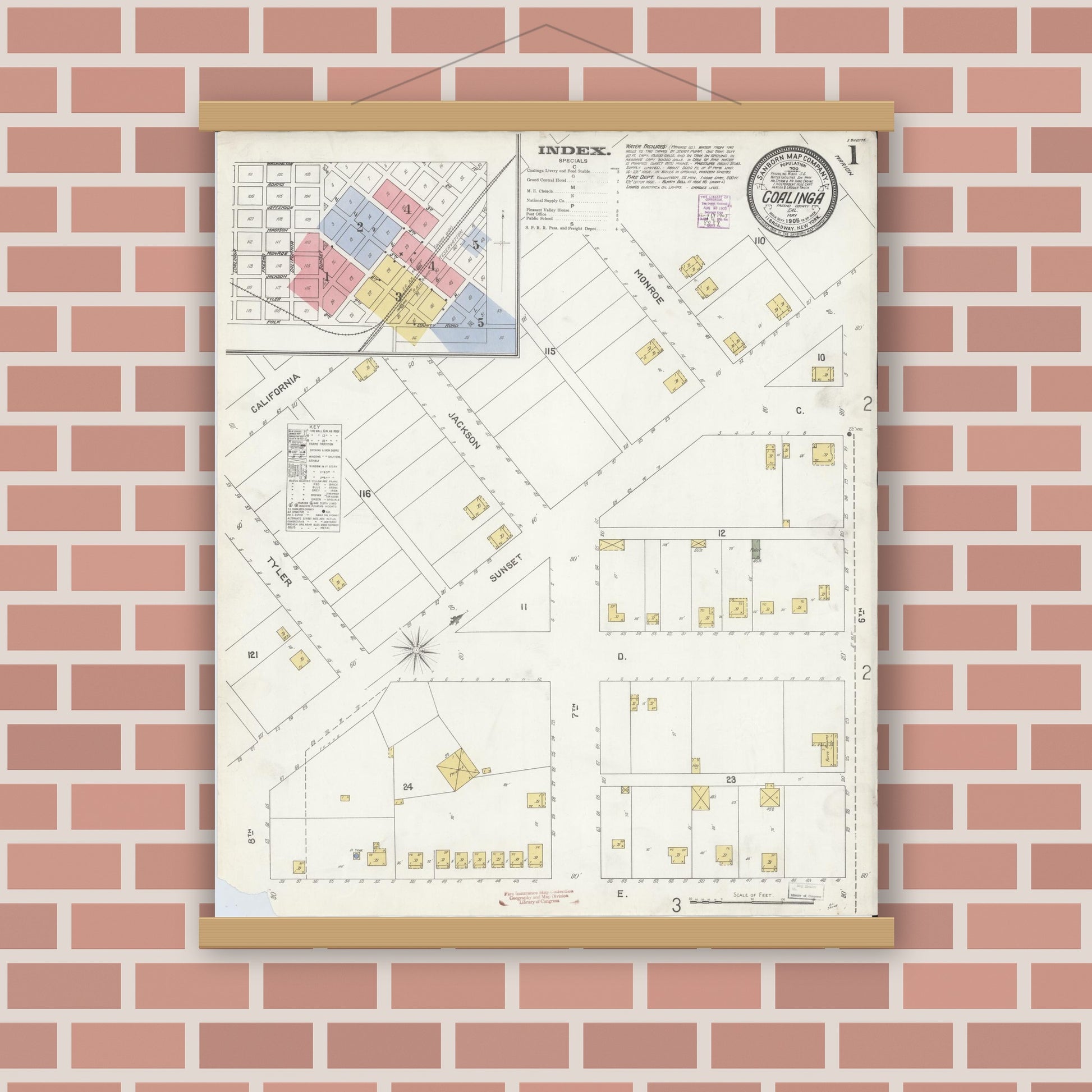 Old map wall art mockup — magnetic wood frame on brick wall — Sanborn Fire Insurance Map from Coalinga, Fresno County, California (1905), Sheet #0001