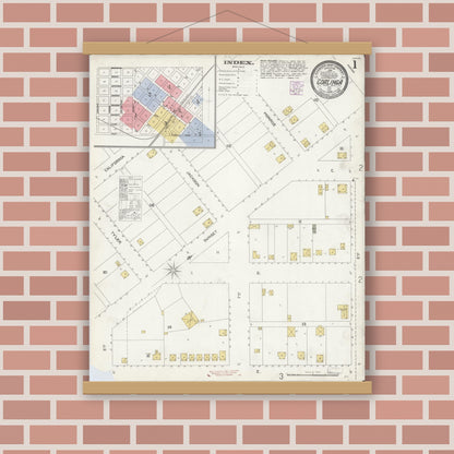 Old map wall art mockup — magnetic wood frame on brick wall — Sanborn Fire Insurance Map from Coalinga, Fresno County, California (1905), Sheet #0001