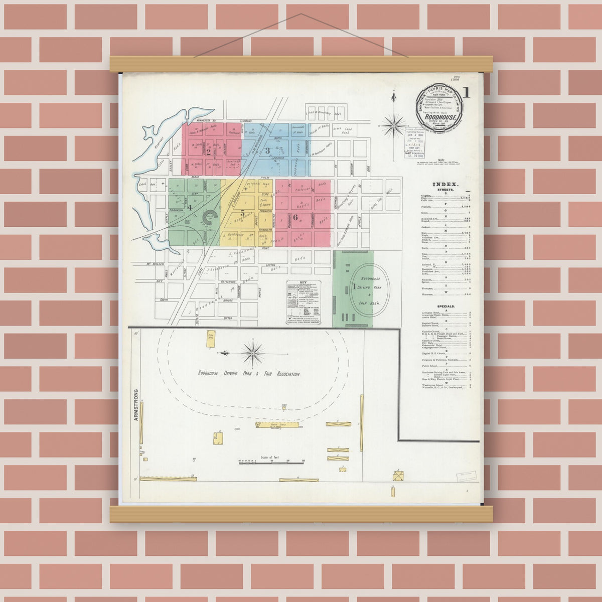 Old map wall art mockup — magnetic wood frame on brick wall — Sanborn Fire Insurance Map from Roodhouse, Greene County, Illinois (1900) - Complete Map Set