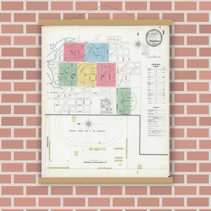 Old map wall art mockup — magnetic wood frame on brick wall — Sanborn Fire Insurance Map from Roodhouse, Greene County, Illinois (1900) - Complete Map Set