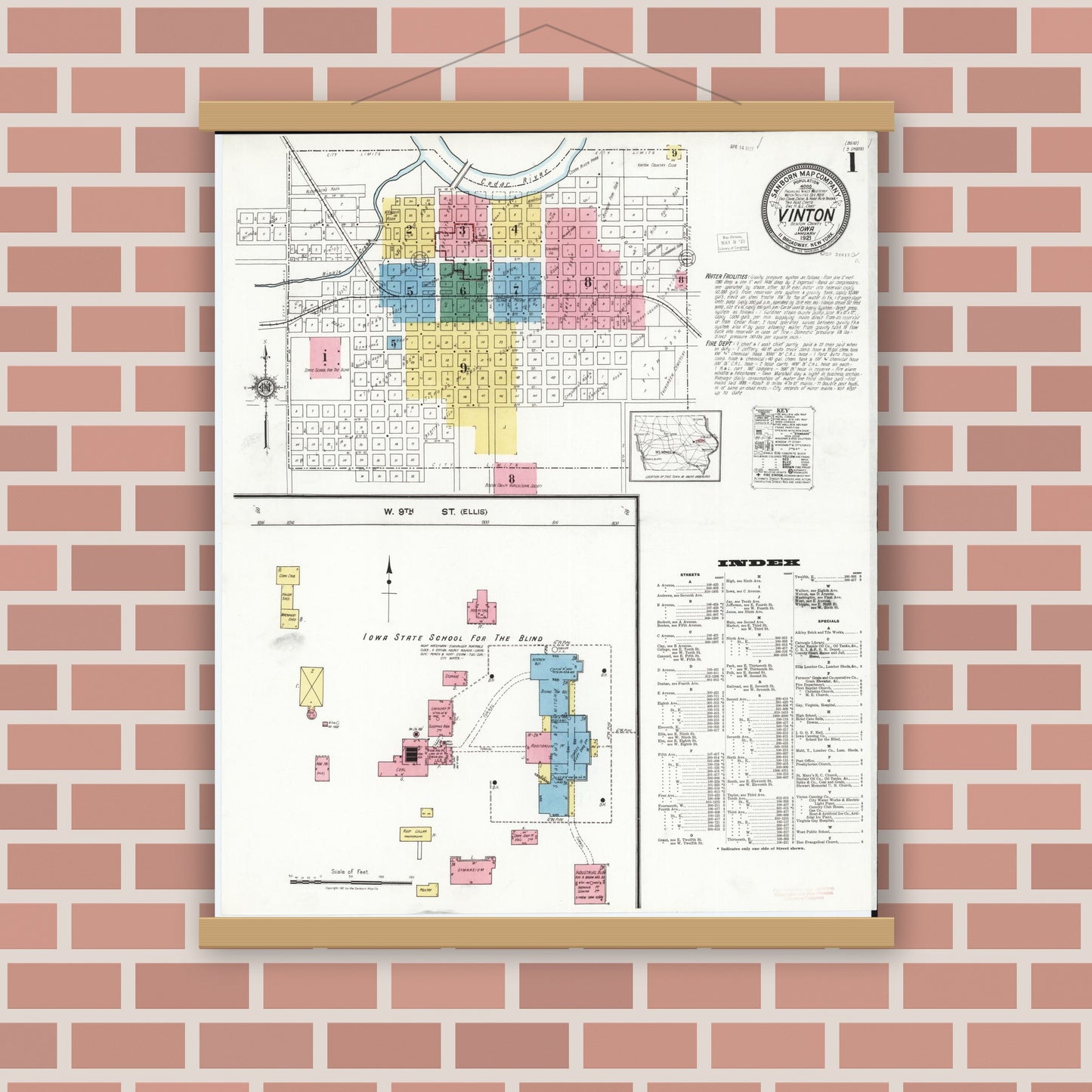 Old map wall art mockup — magnetic wood frame on brick wall — Sanborn Fire Insurance Map from Vinton, Benton County, Iowa (1921), Sheet #0001