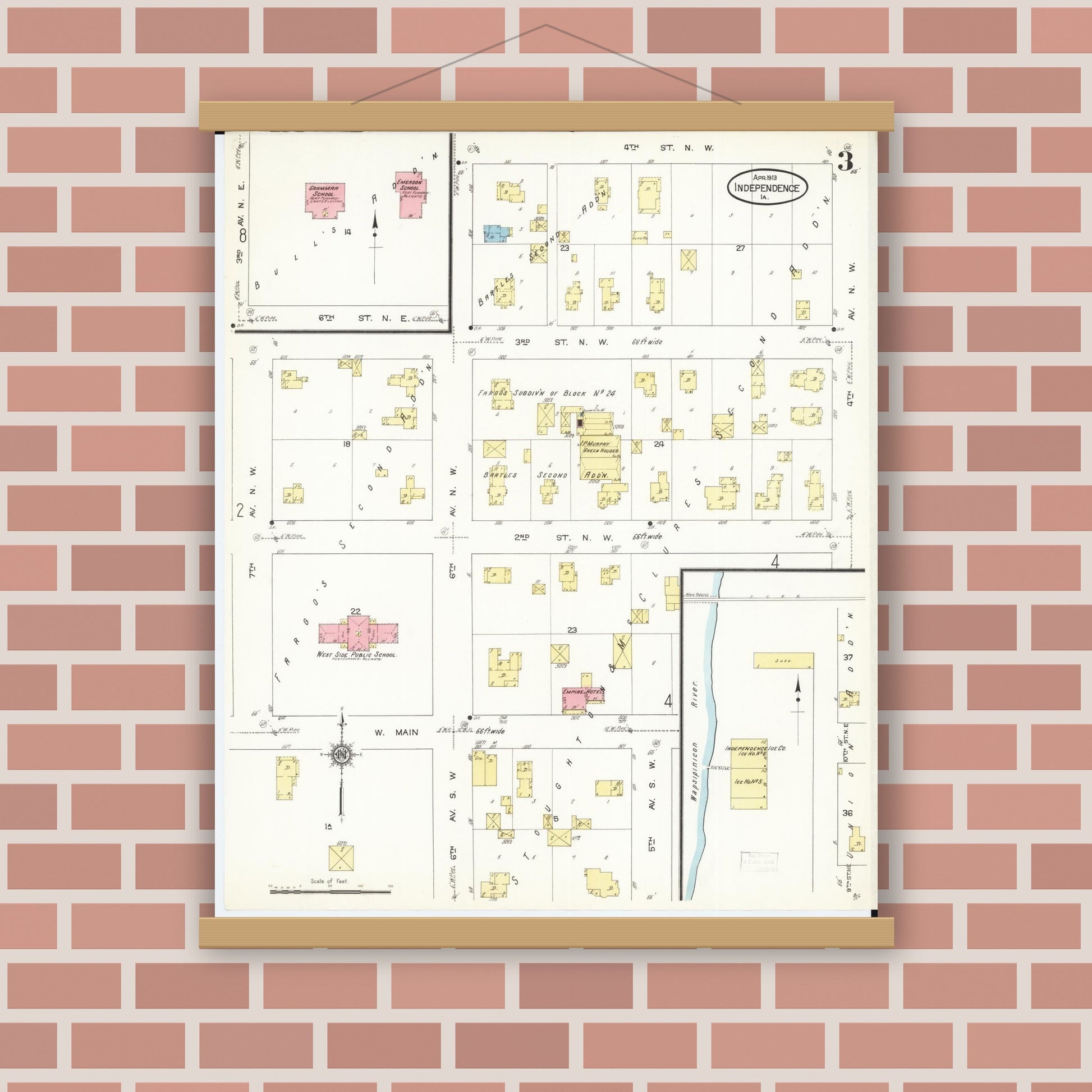 Old map wall art mockup — magnetic wood frame on brick wall — Sanborn Fire Insurance Map from Independence, Buchanan County, Iowa (1913), Sheet #0003