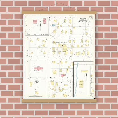 Old map wall art mockup — magnetic wood frame on brick wall — Sanborn Fire Insurance Map from Independence, Buchanan County, Iowa (1913), Sheet #0003