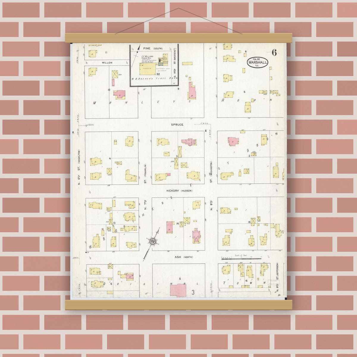Old map wall art mockup — magnetic wood frame on brick wall — Sanborn Fire Insurance Map from Marshall, Clark County, Illinois (1912), Sheet #0006