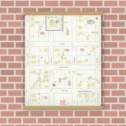 Old map wall art mockup — magnetic wood frame on brick wall — Sanborn Fire Insurance Map from Marshall, Clark County, Illinois (1912), Sheet #0006