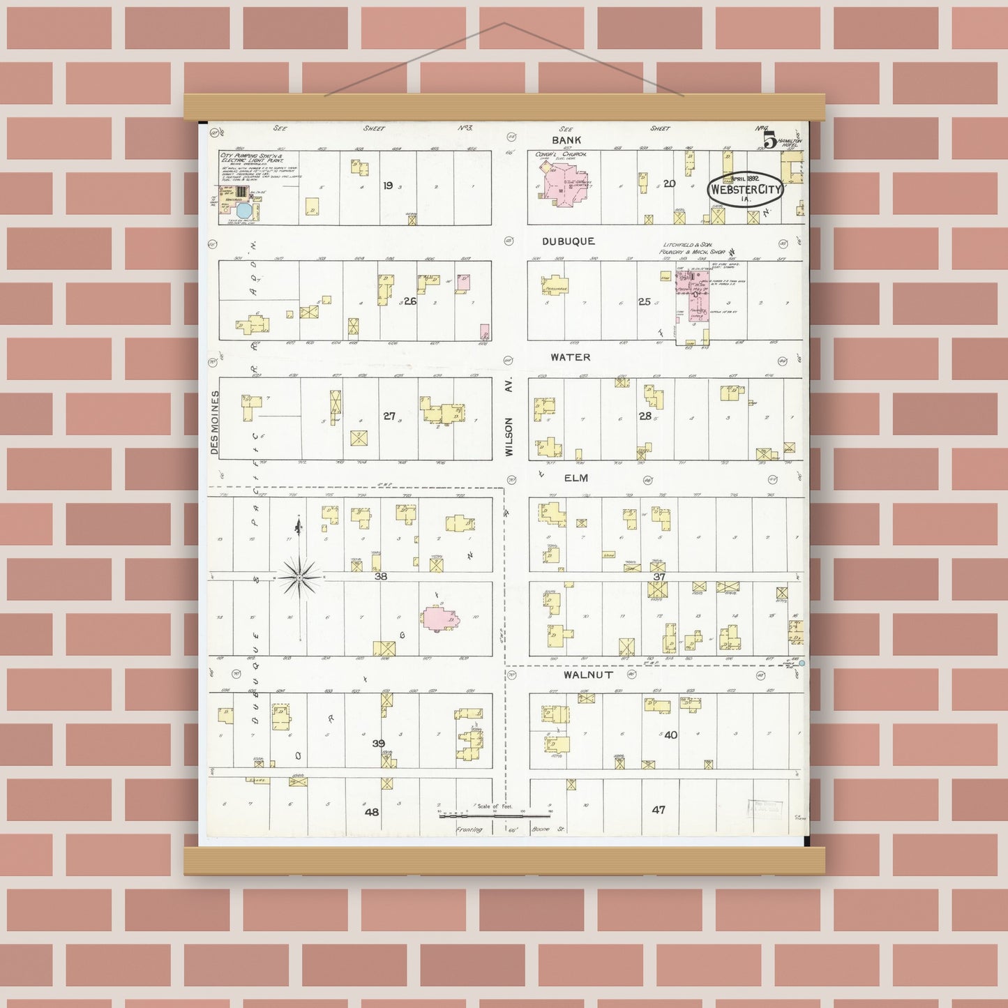 Old map wall art mockup — magnetic wood frame on brick wall — Sanborn Fire Insurance Map from Webster City, Hamilton County, Iowa (1892), Sheet #0005