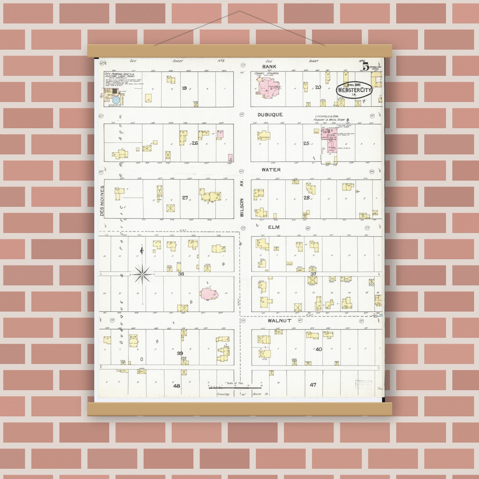 Old map wall art mockup — magnetic wood frame on brick wall — Sanborn Fire Insurance Map from Webster City, Hamilton County, Iowa (1892), Sheet #0005