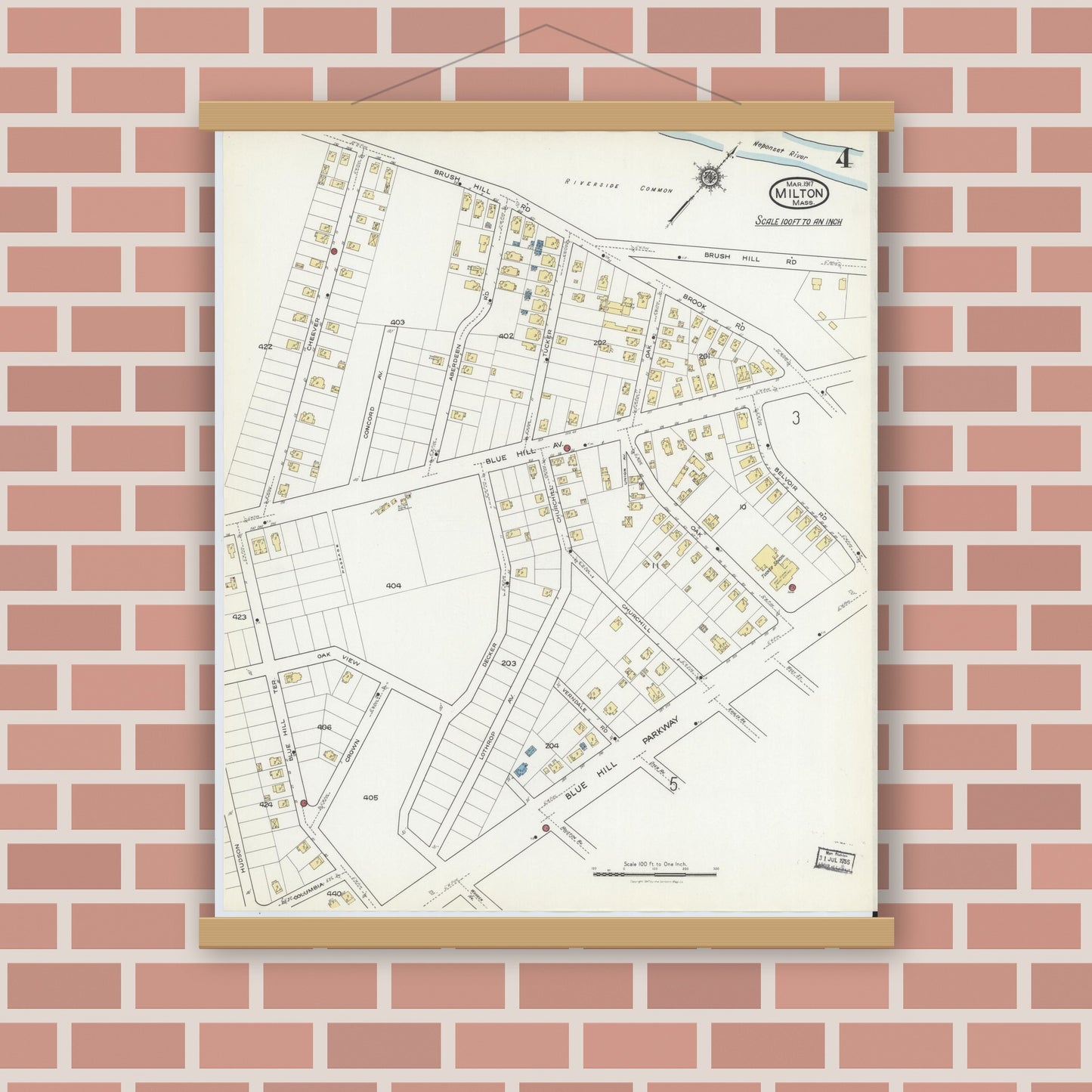 Old map wall art mockup — magnetic wood frame on brick wall — Sanborn Fire Insurance Map from Milton, Norfolk County, Massachusetts (1917), Sheet #0004