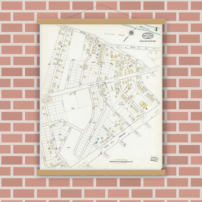 Old map wall art mockup — magnetic wood frame on brick wall — Sanborn Fire Insurance Map from Milton, Norfolk County, Massachusetts (1917), Sheet #0004