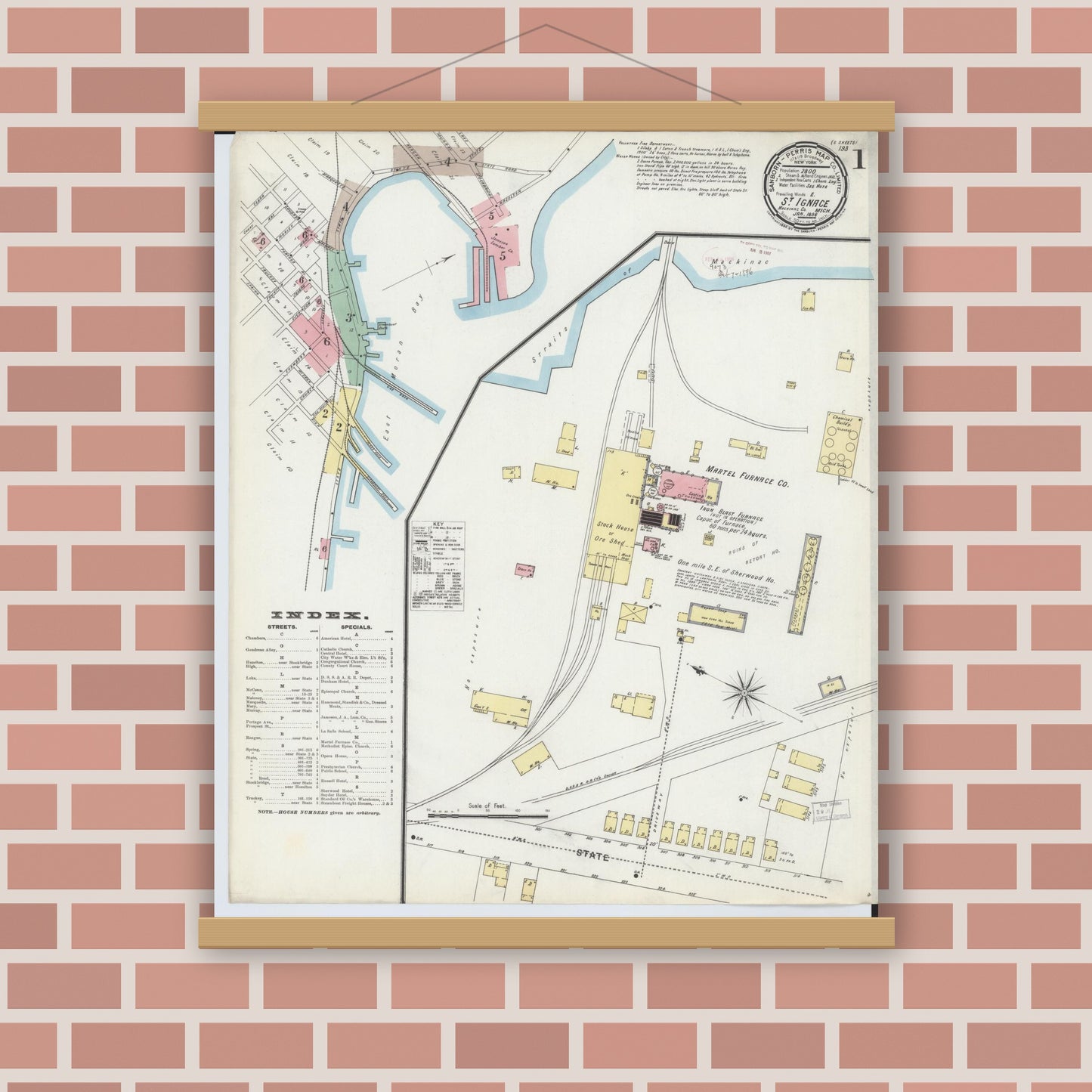 Old map wall art mockup — magnetic wood frame on brick wall — Sanborn Fire Insurance Map from Saint Ignace, Mackinac County, Michigan (1896), Sheet #0001