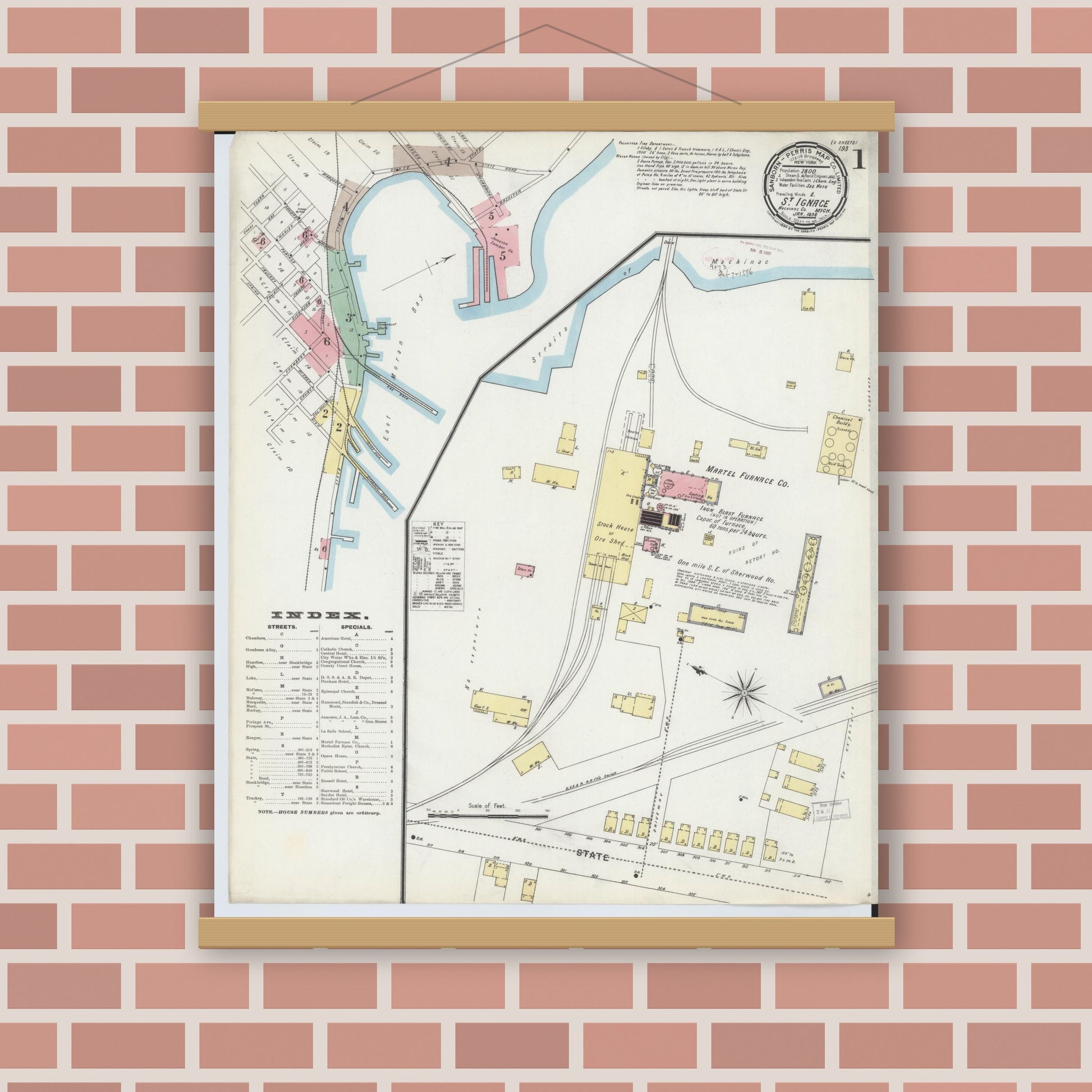 Old map wall art mockup — magnetic wood frame on brick wall — Sanborn Fire Insurance Map from Saint Ignace, Mackinac County, Michigan (1896), Sheet #0001