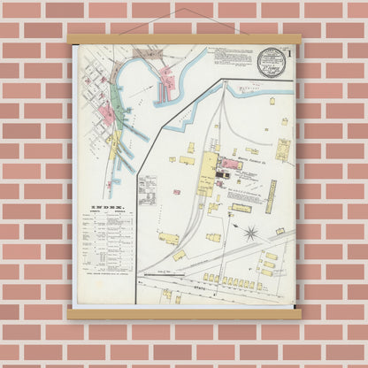 Old map wall art mockup — magnetic wood frame on brick wall — Sanborn Fire Insurance Map from Saint Ignace, Mackinac County, Michigan (1896), Sheet #0001