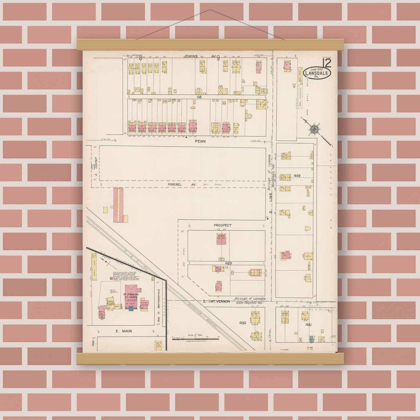Old map wall art mockup — magnetic wood frame on brick wall — Sanborn Fire Insurance Map from Lansdale, Montgomery County, Pennsylvania (1922), Sheet #0012