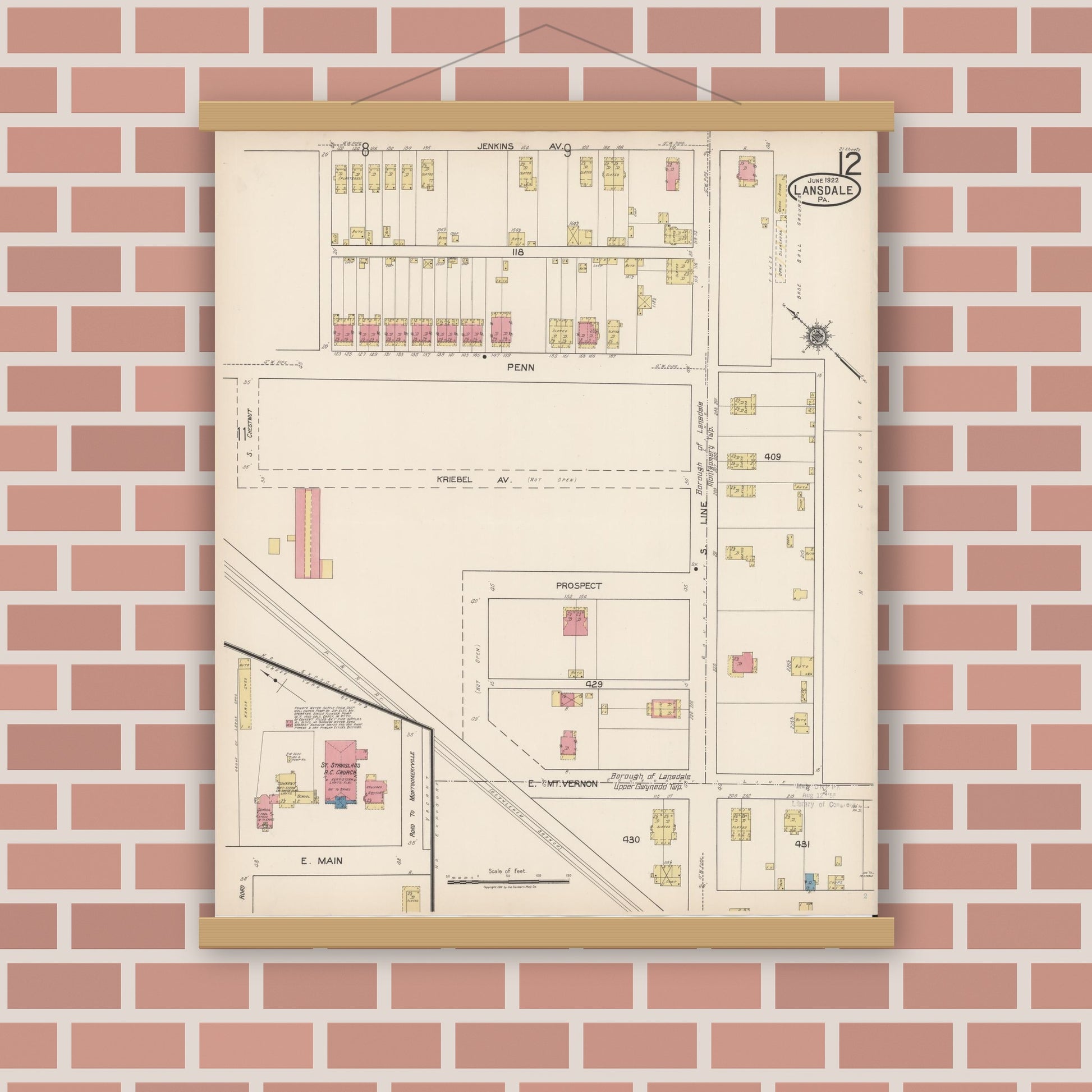 Old map wall art mockup — magnetic wood frame on brick wall — Sanborn Fire Insurance Map from Lansdale, Montgomery County, Pennsylvania (1922), Sheet #0012