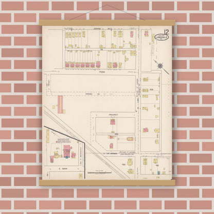 Old map wall art mockup — magnetic wood frame on brick wall — Sanborn Fire Insurance Map from Lansdale, Montgomery County, Pennsylvania (1922), Sheet #0012