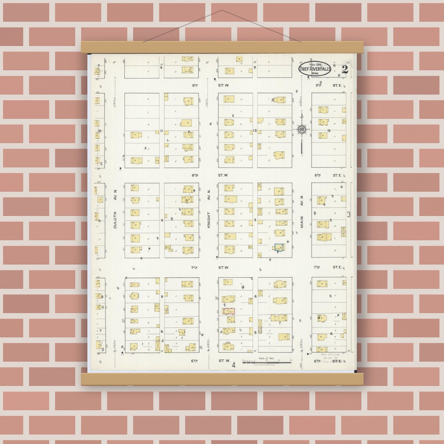 Old map wall art mockup — magnetic wood frame on brick wall — Sanborn Fire Insurance Map from Thief River Falls, Pennington County, Minnesota (1916), Sheet #0002