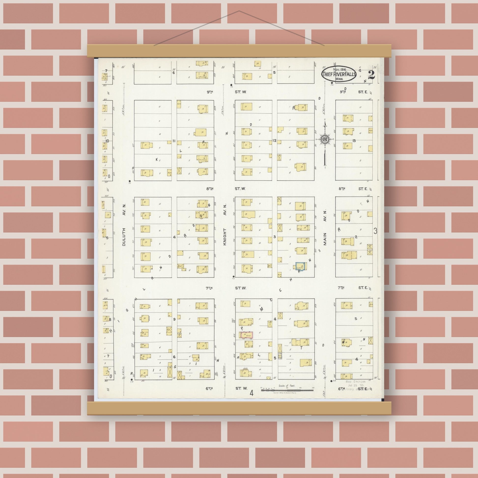 Old map wall art mockup — magnetic wood frame on brick wall — Sanborn Fire Insurance Map from Thief River Falls, Pennington County, Minnesota (1916), Sheet #0002