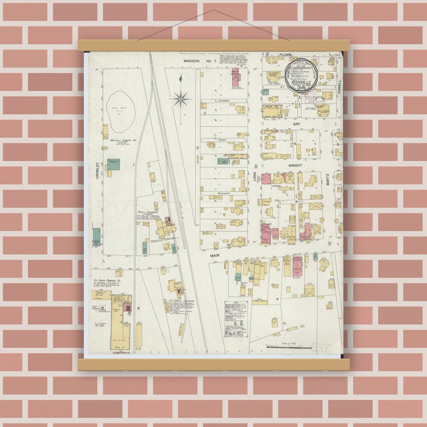 Old map wall art mockup — magnetic wood frame on brick wall — Sanborn Fire Insurance Map from Ashville, Pickaway County, Ohio (1901), Sheet #0001