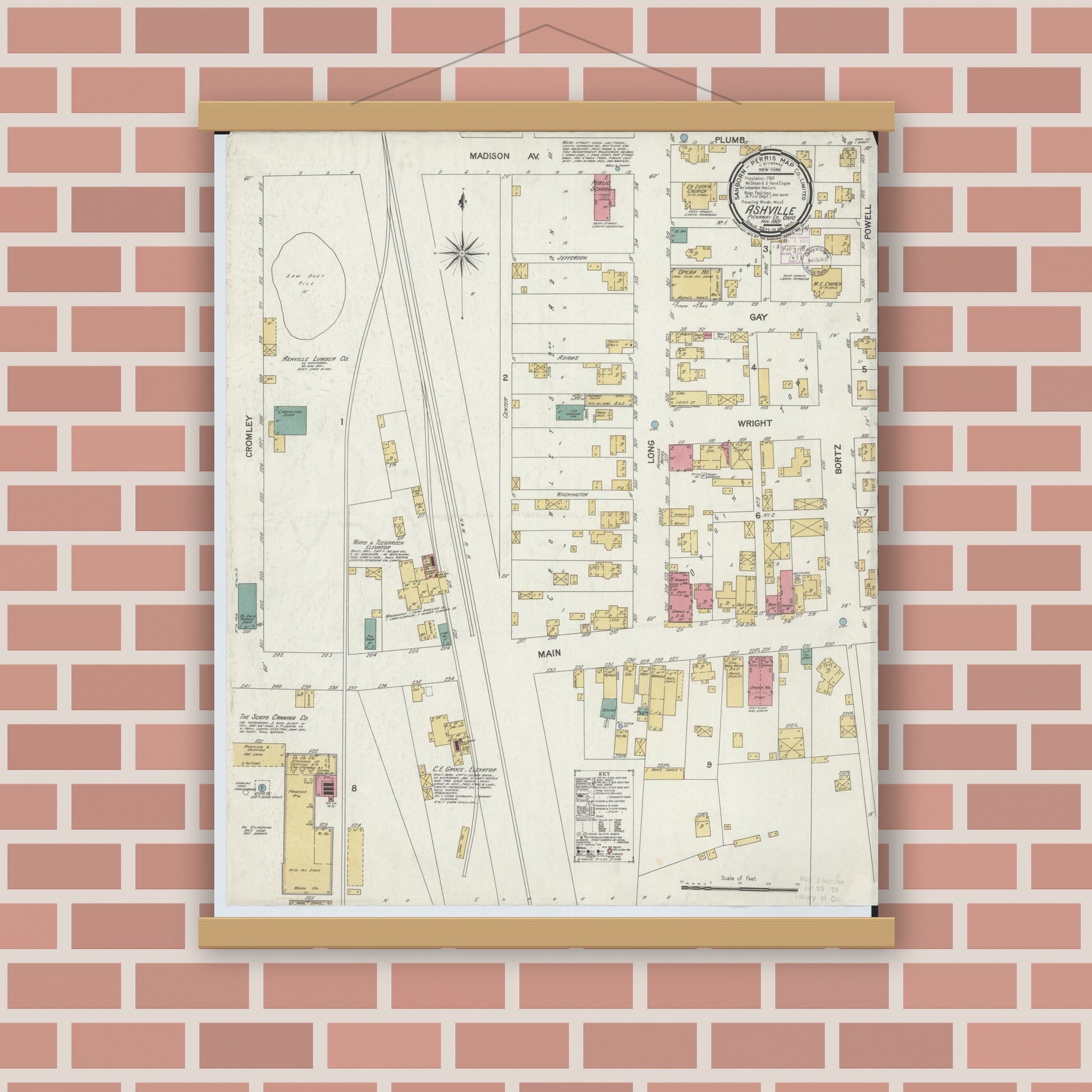 Old map wall art mockup — magnetic wood frame on brick wall — Sanborn Fire Insurance Map from Ashville, Pickaway County, Ohio (1901), Sheet #0001