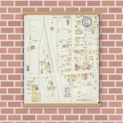 Old map wall art mockup — magnetic wood frame on brick wall — Sanborn Fire Insurance Map from Ashville, Pickaway County, Ohio (1901), Sheet #0001