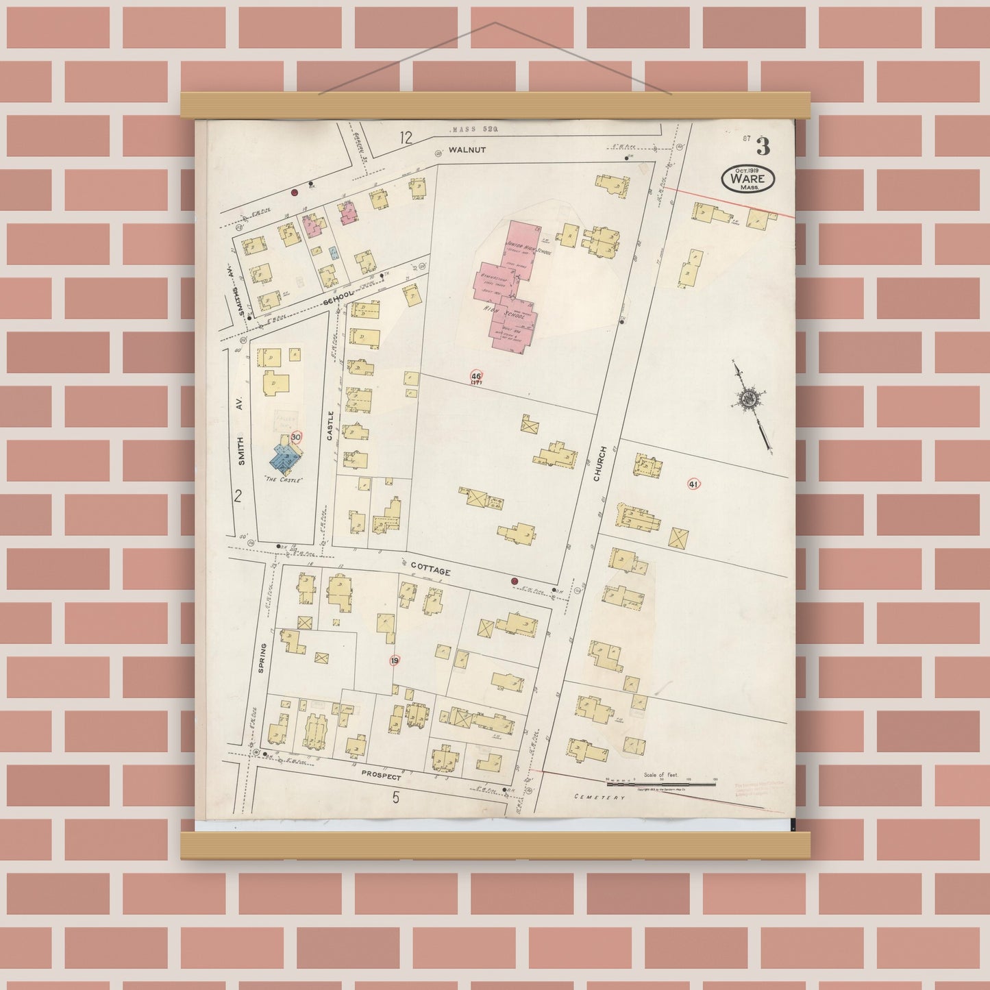 Old map wall art mockup — magnetic wood frame on brick wall — Sanborn Fire Insurance Map from Ware, Hampshire County, Massachusetts (1946), Sheet #0003