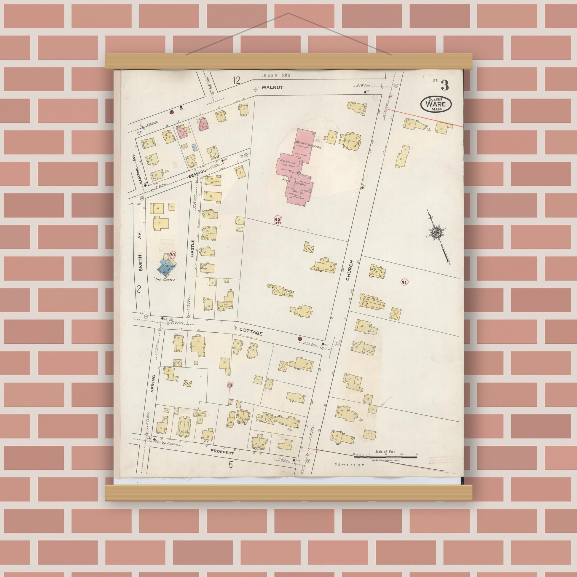 Old map wall art mockup — magnetic wood frame on brick wall — Sanborn Fire Insurance Map from Ware, Hampshire County, Massachusetts (1946), Sheet #0003