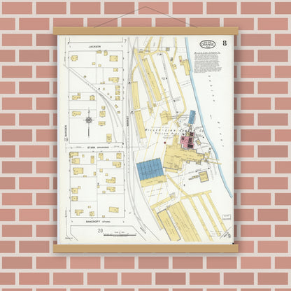 Old map wall art mockup — magnetic wood frame on brick wall — Sanborn Fire Insurance Map from Orange, Orange County, Texas (1919), Sheet #0008
