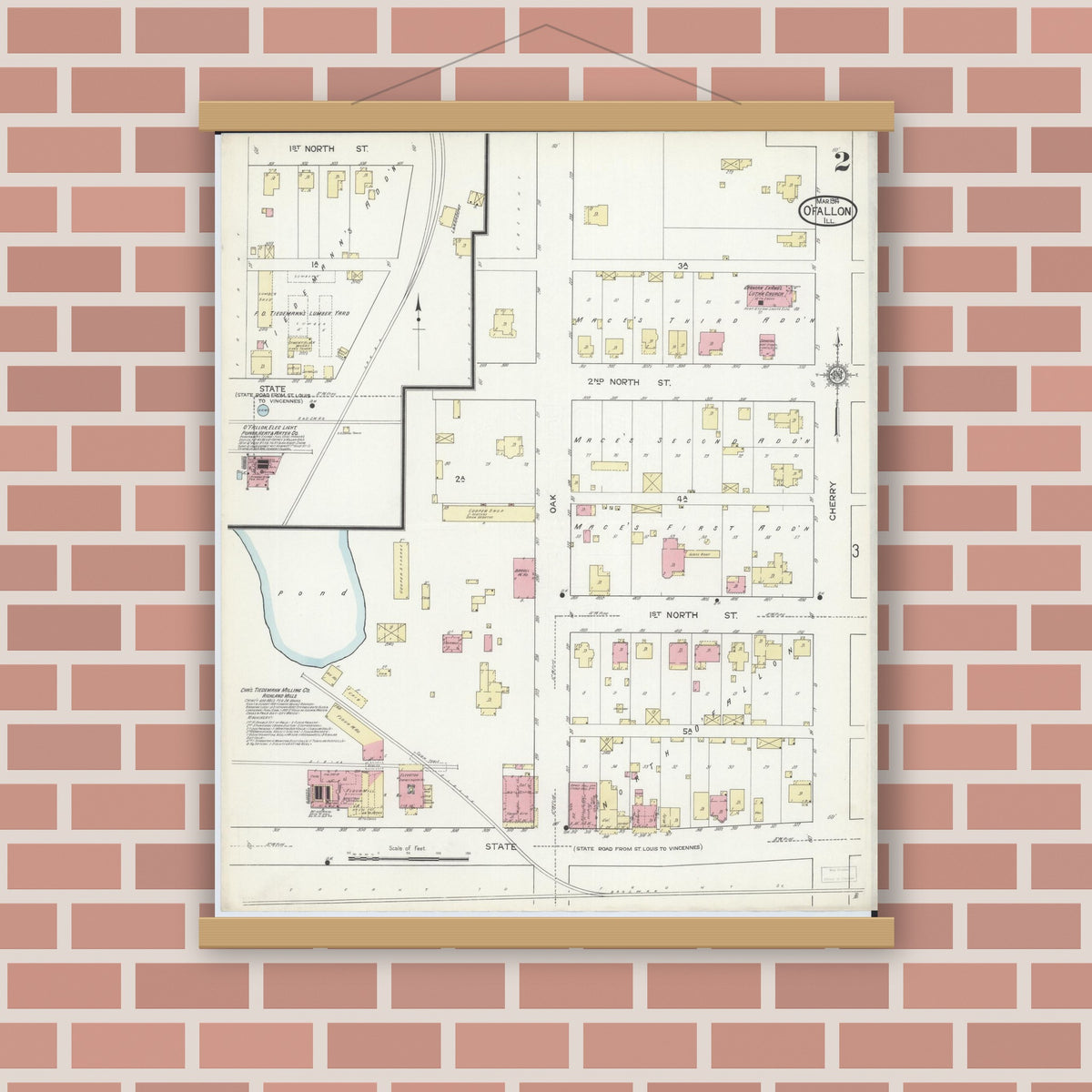 Old map wall art mockup — magnetic wood frame on brick wall — Sanborn Fire Insurance Map from O'Fallon, Saint Clair County, Illinois (1914), Sheet #0002