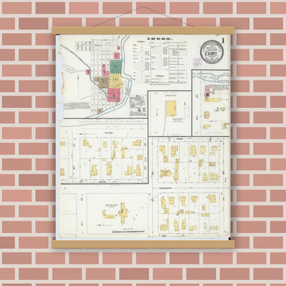 Old map wall art mockup — magnetic wood frame on brick wall — Sanborn Fire Insurance Map from Evart, Osceola County, Michigan (1904), Sheet #0001