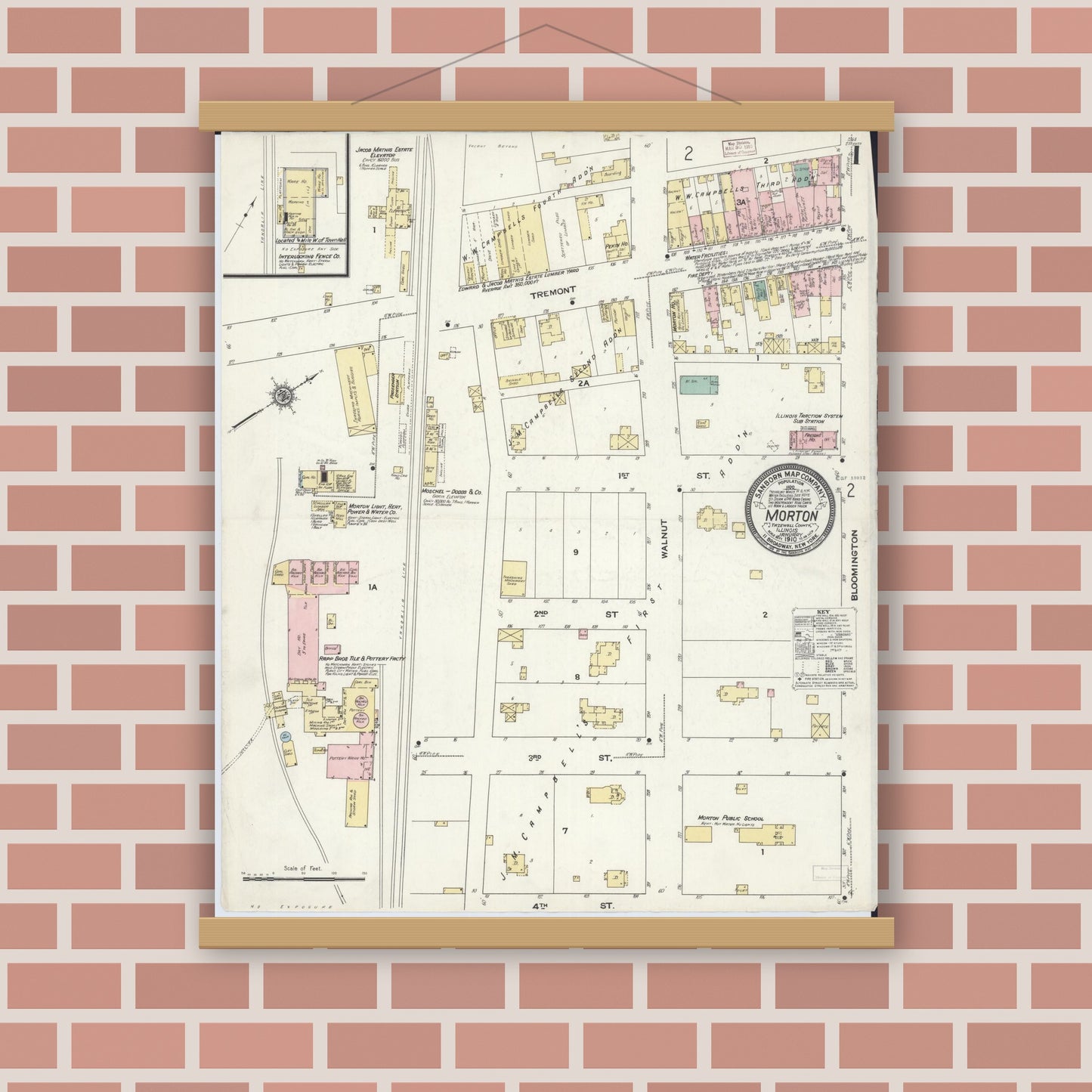 Old map wall art mockup — magnetic wood frame on brick wall — Sanborn Fire Insurance Map from Morton, Tazewell County, Illinois (1910) - Complete Map Set