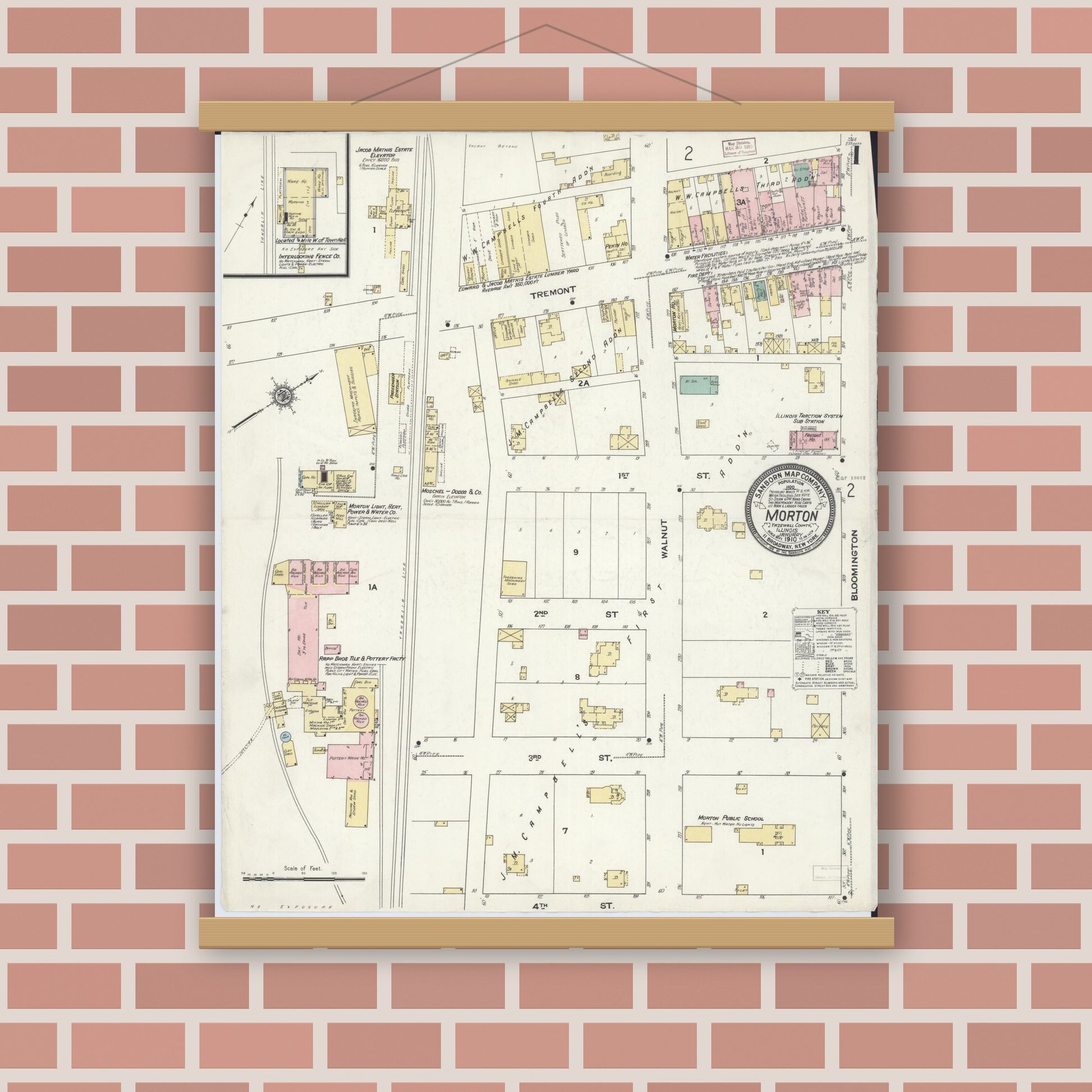 Old map wall art mockup — magnetic wood frame on brick wall — Sanborn Fire Insurance Map from Morton, Tazewell County, Illinois (1910) - Complete Map Set
