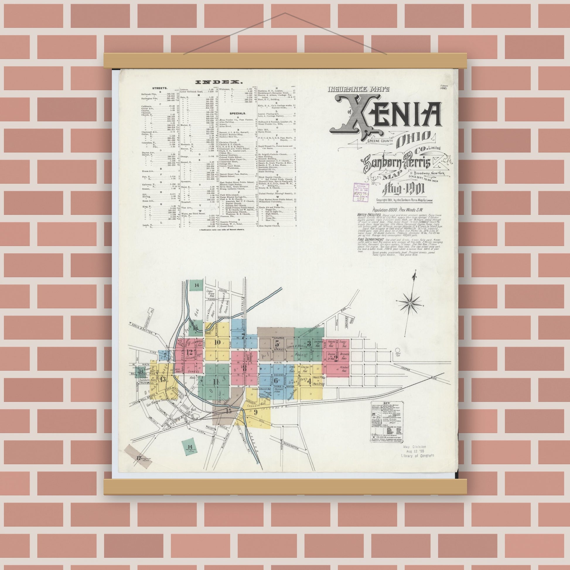 Old map wall art mockup — magnetic wood frame on brick wall — Sanborn Fire Insurance Map from Xenia, Greene County, Ohio (1901), Sheet #0001
