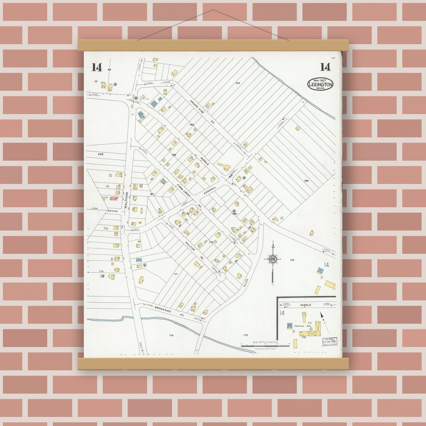 Old map wall art mockup — magnetic wood frame on brick wall — Sanborn Fire Insurance Map from Lexington, Middlesex County, Massachusetts (1927), Sheet #0014