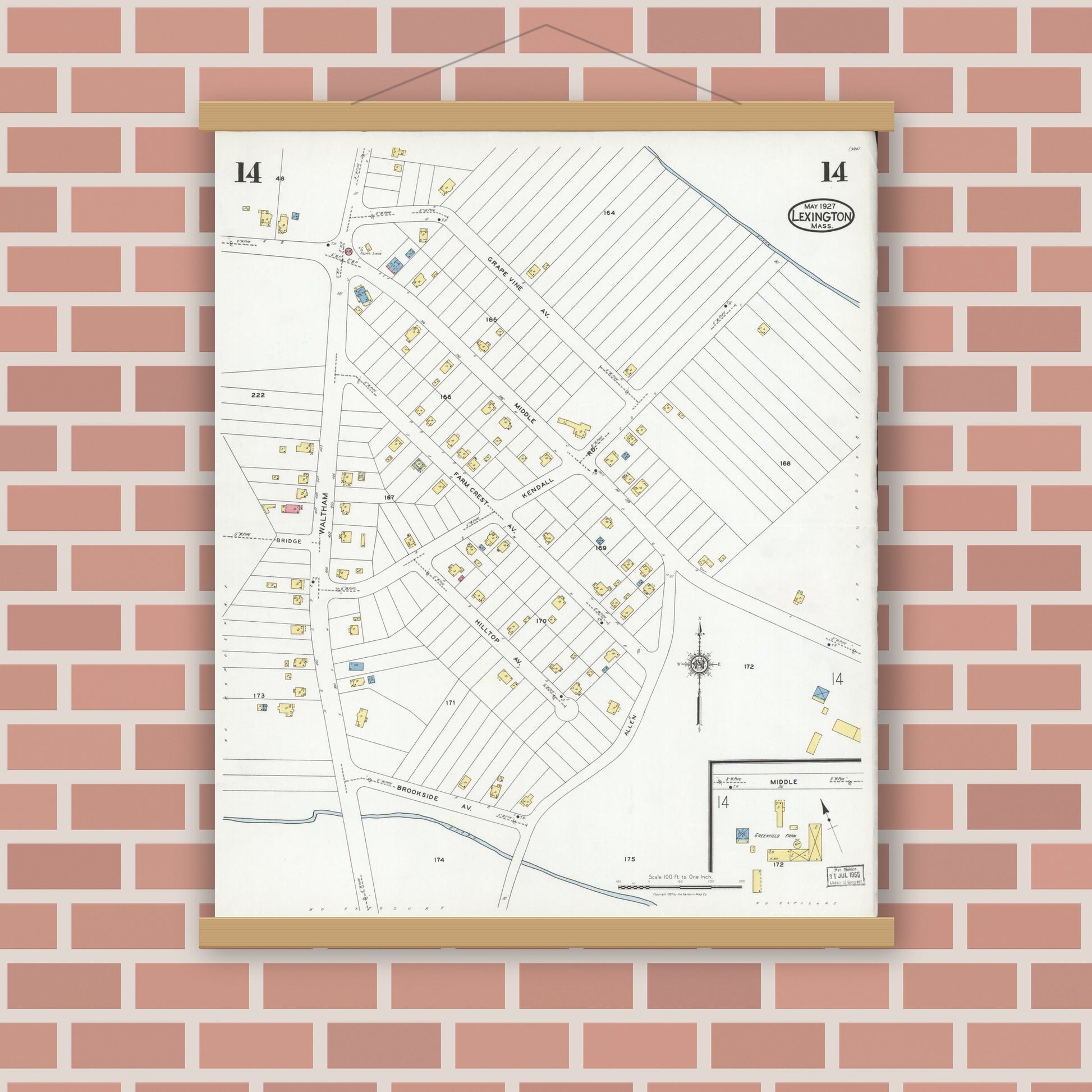 Old map wall art mockup — magnetic wood frame on brick wall — Sanborn Fire Insurance Map from Lexington, Middlesex County, Massachusetts (1927), Sheet #0014