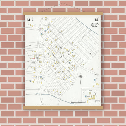 Old map wall art mockup — magnetic wood frame on brick wall — Sanborn Fire Insurance Map from Lexington, Middlesex County, Massachusetts (1927), Sheet #0014