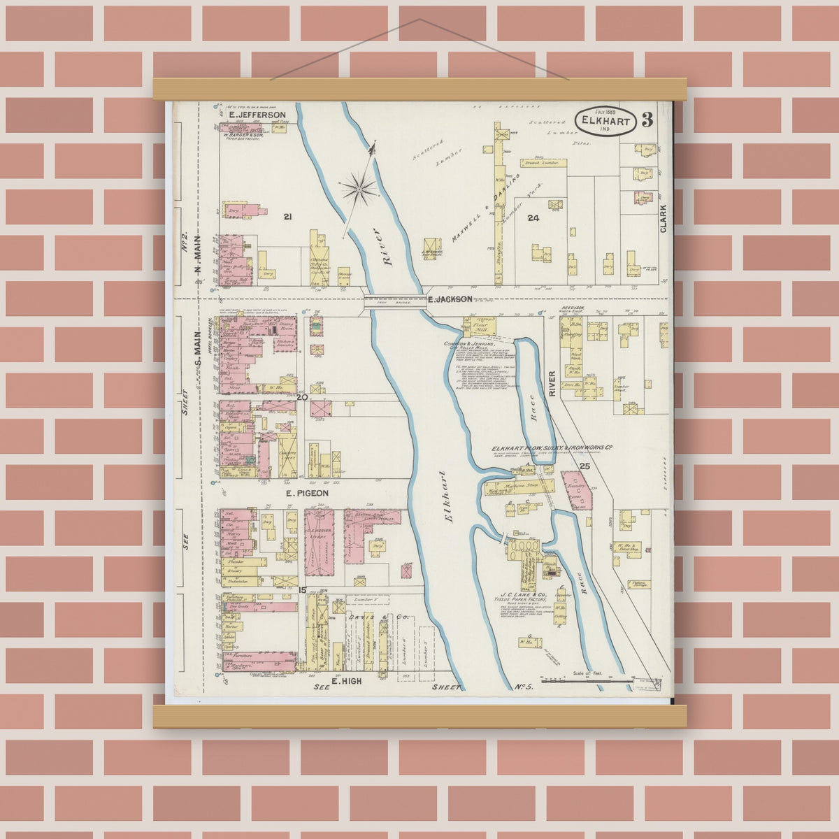 Old map wall art mockup — magnetic wood frame on brick wall — Sanborn Fire Insurance Map from Elkhart, Elkhart County, Indiana (1889), Sheet #0003
