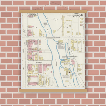 Old map wall art mockup — magnetic wood frame on brick wall — Sanborn Fire Insurance Map from Elkhart, Elkhart County, Indiana (1889), Sheet #0003
