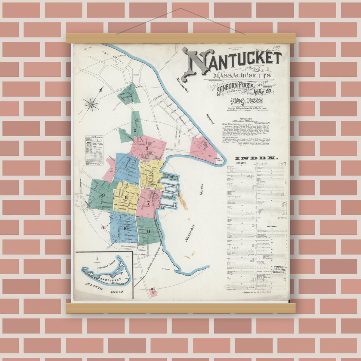 Old map wall art mockup — magnetic wood frame on brick wall — Sanborn Fire Insurance Map from Nantucket, Nantucket County, Massachusetts (1892), Sheet #0001